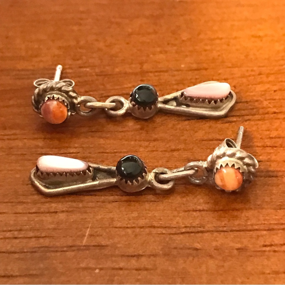 Sterling Silver Coral Onyx and Mother of Pearl Dangly Earrings